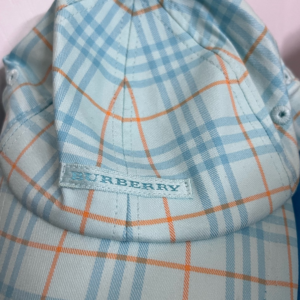 Burberry Golf Hat. Turquoise-Y Blue & Orange Strips On Light Turquoise-Y Blue/